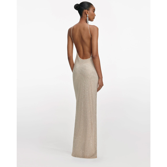 Self-Portrait Champagne Rhinestone Lace Trim Maxi Dress US 6 - Picture 3 of 10